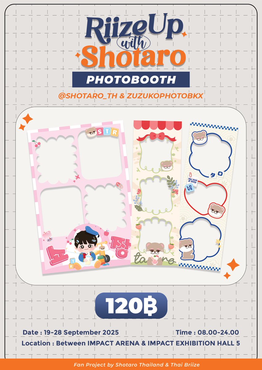 🦦⌞⟡ Fan Project for SHOTARO⌝ ໒꒱‧₊˚☁️ #RIIZEUP_with_SHOTARO 

📸 สายถ่ายรูป Photobooth ห้ามพลาด! กับ Special Frame จากโชทาโร่ไทยแลนด์🧡 แต่งชุดสวย ๆ แล้วแวะมาถ่ายรูปเป็นที่ระลึกกันนะ🥰

สามารถถ่ายได้ที่ตู้ของ <a href="/zoozoonarak007/">ZUZUKOPHOTOBOX</a>
ทั้ง 2 ตู้