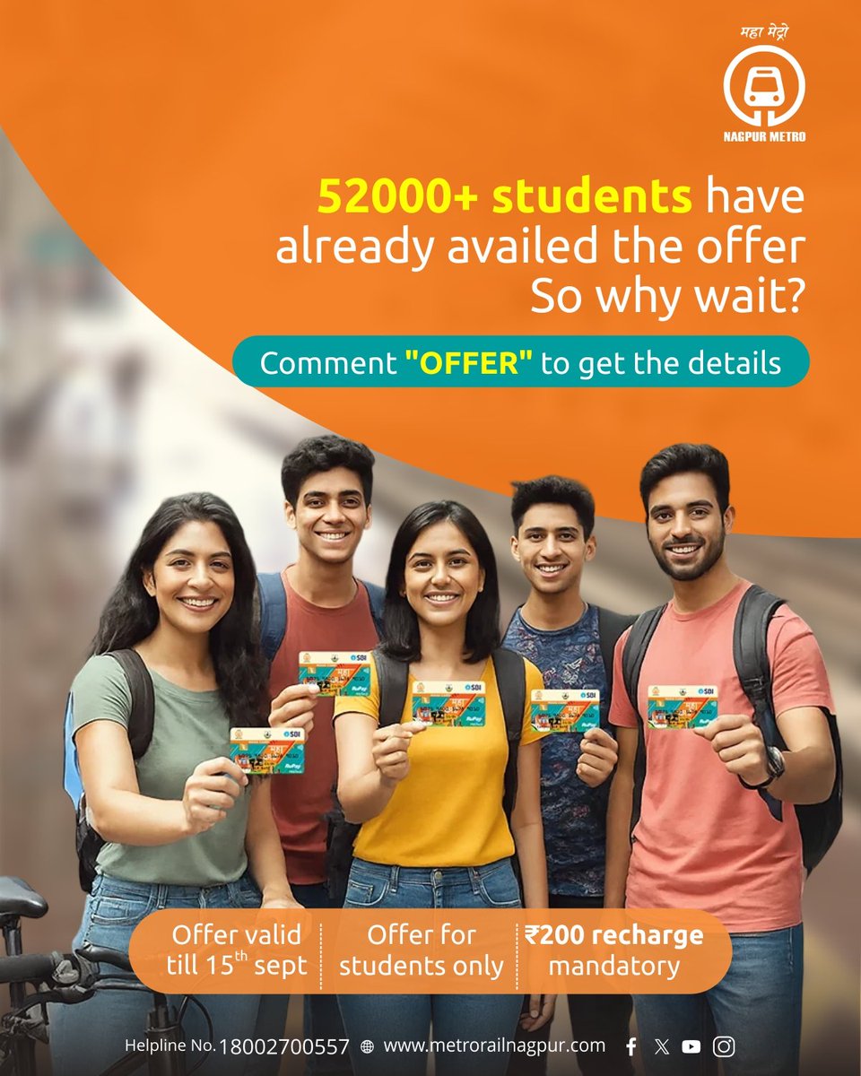 Don't miss out 
Tommorow's your last chance to grab the MAHA CARD for free

#Nagpurmetro #Mahametro #Mahacard #freemahacard #offer