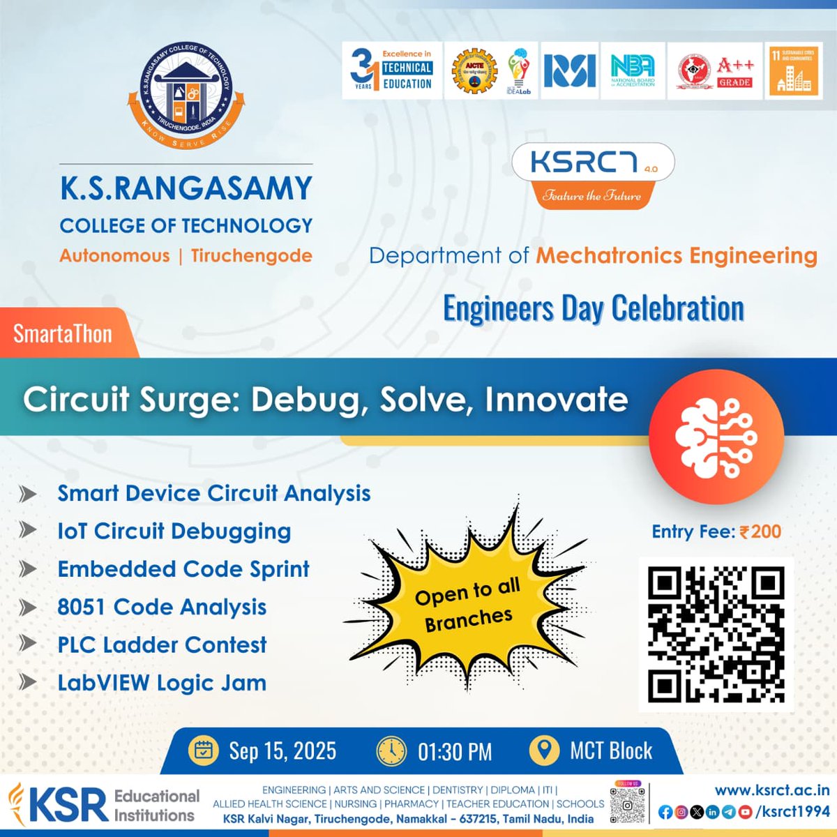 ksrct1994's tweet photo. Dept. of MCT, KSRCT organises Smartathon "Circuit Surge: Debug, Solve, Innovate " for Engineers Day Celebration on 15.09.2025, 01:30 PM @ MCT Block
#ksrct1994 #ksr #ksrei #EngineersDay #Smartathon #InnovationChallenge #TechFest #MechatronicsEngineering #TechForAll https://t.co/ALQROYUSaj
