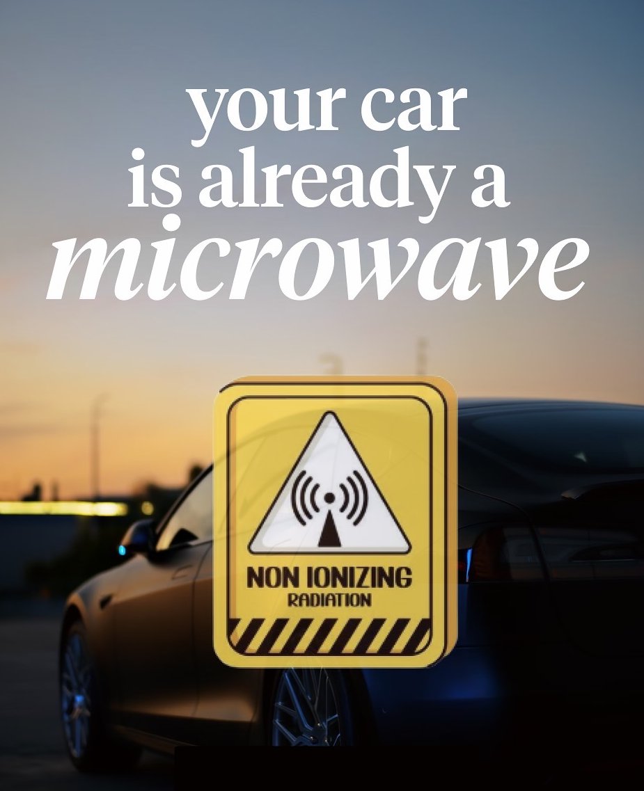ze_rusty's tweet photo. Your Car is already a Microwave.

Quite Literally.

"RF Radiation intensity was estimated to be 393% higher inside a car when cellphone is used along with a Bluetooth. The estimated SAR values are 514 times higher than the biological limit at 1800 MHz"

Now Imagine an Electric car with 40+ RF sensors?