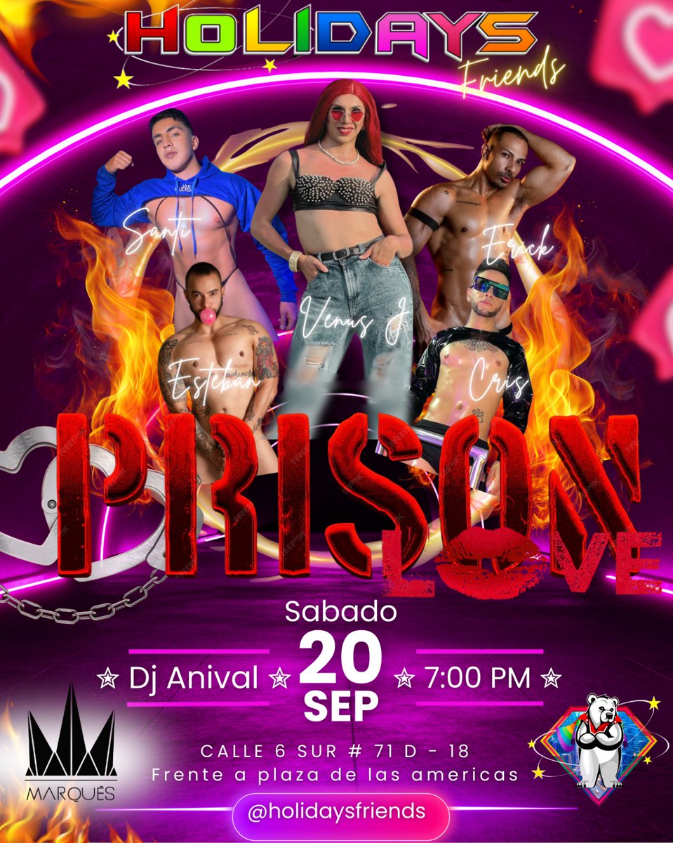 HOLIDAYSFR28970's tweet photo. ❤️‍🔥PRISON OF LOVE ❤️‍🔥 

Este próximo 20 de Septiembre @SANTIAGOSAENZ0, @erickantonihot, @Jestebanftm1 &amp; @Cris9099029402 nos acompañarán en el escenario de @HOLIDAYSFR28970 😏

Produce: @venusjoficial
Patrocina: @solo_marques https://t.co/mh73zg82x3