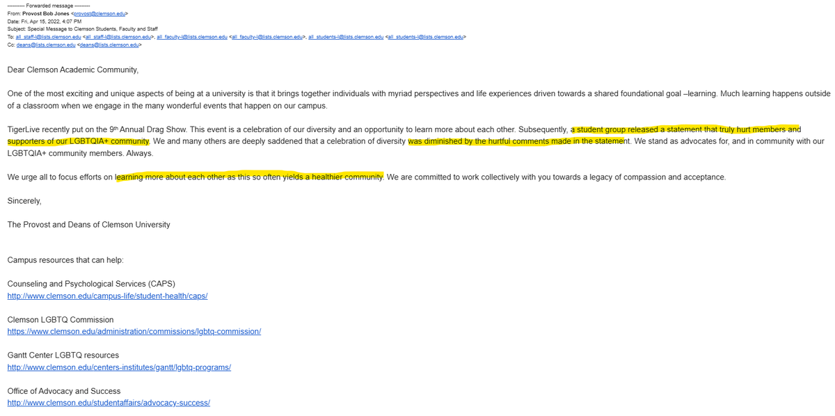 ClemsonCRs's tweet photo. This inaction is reminding me of the time in 2023 when @ClemsonProvost Jones sent an email to the university LAMENTING the fact that our club called out the gross DRAG SHOW being put on by Tiger Live (a Clemson organization) on campus. He said that we "truly hurt" students with our statement. IRONIC.

Neither he nor @ClemsonPrez have publicly said ANYTHING about the appalling behavior by faculty and students alike after Charlie Kirk's brutal assassination. But when it comes to Drag Shows and BLM... they're MORE than vocal! 

NO MORE OF THIS. IT HAS GONE ON FOR TOO LONG. WE WILL KEEP FIGHTING UNTIL YOU DO THE RIGHT THING AND QUIT THE SIDELINING. @ClemsonUniv