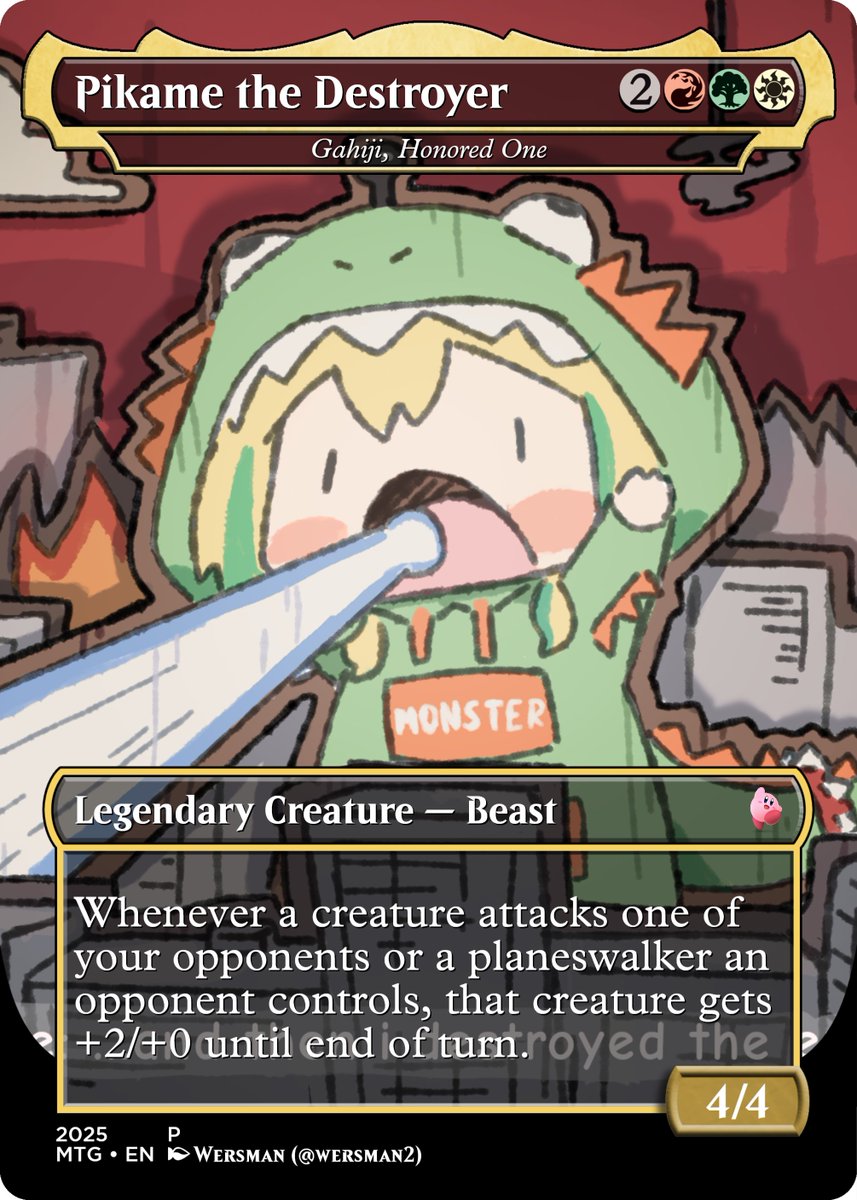 Kyubikirby's tweet image. how about some encouragement to attack other people? we have Gahiji represented by the dearly missed @amanopikamee . I&apos;ve wanted to make a kaiju pikamee card for so long. adorable art for this by @wersman2 

#pikart
#MtVtuber