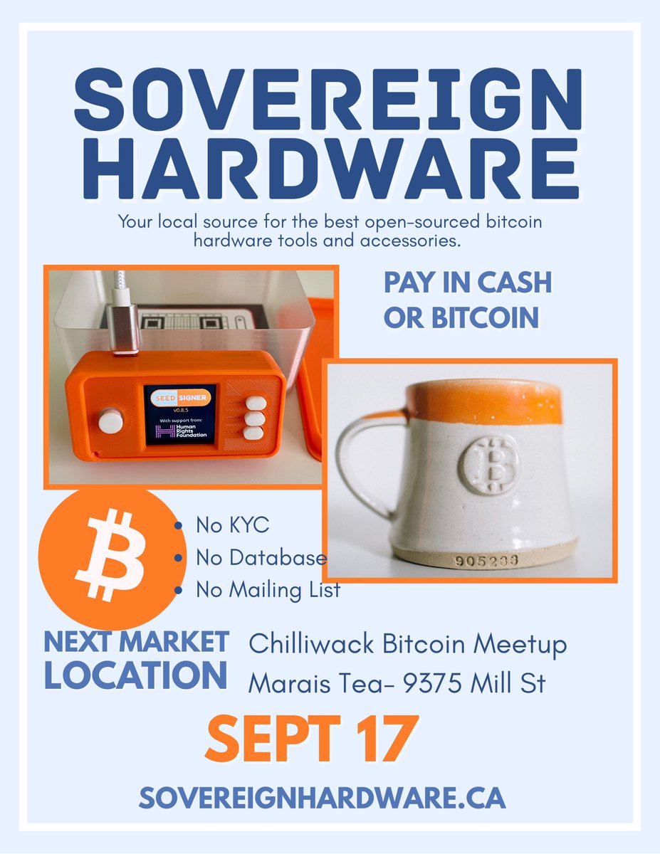 Looking forward to another meetup with <a href="/FVBitcoiners/">Fraser Valley Bitcoiners</a> in Chilliwack. I have <a href="/SeedSigner/">SeedSigner</a> in stock and you can purchase with BTC in person