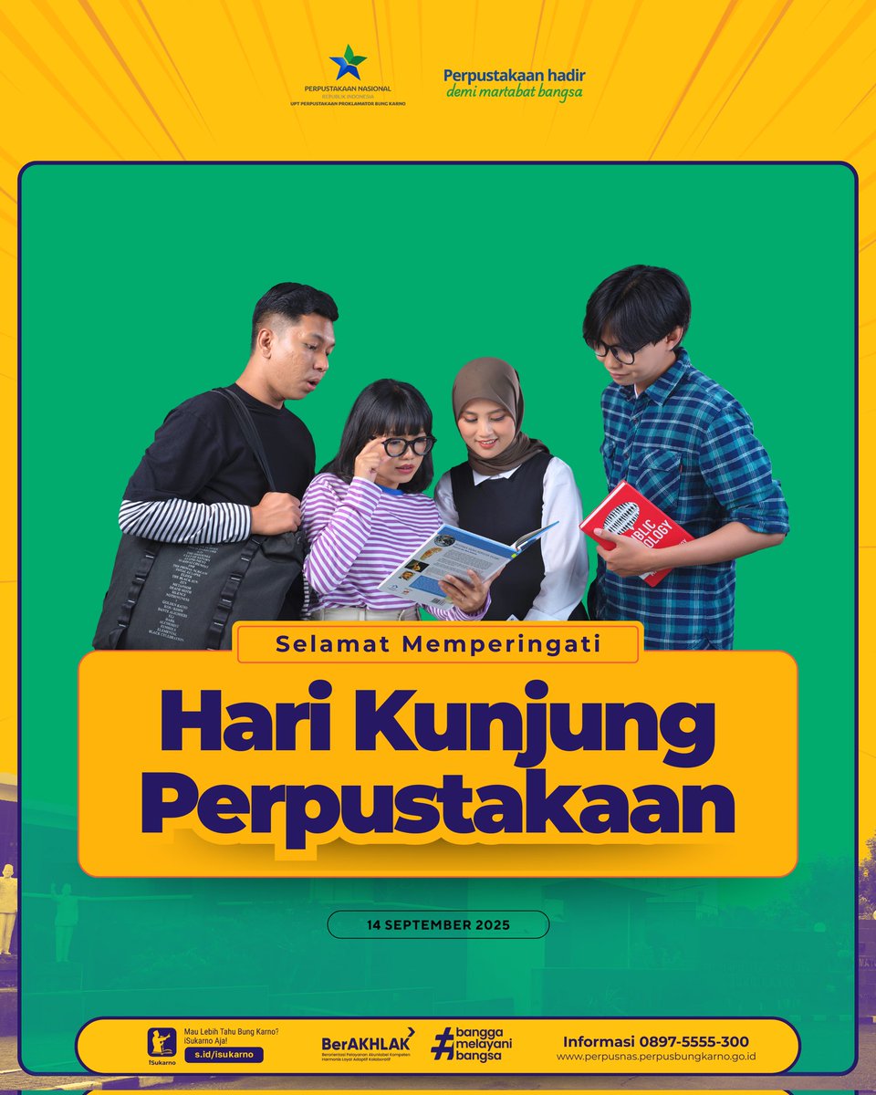 bungkarnolib's tweet photo. Selamat Hari Kunjung Perpustakaan!📚
Ada yang masih ingat kapan terakhir kali ke perpustakaan? 🤗
Yuk bagi di kolom komentar, buku apa yang paling berkesan yang pernah Sobat Pustaka temukan di sana!
#harikunjungperpustakaan #library #perpusnas #perpusbungkarno #libday https://t.co/vYQBYhsNtx