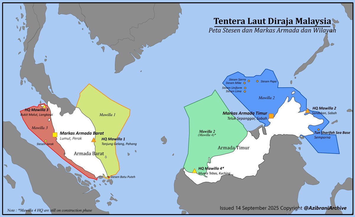 Arani1610377's tweet image. #Infographic #Map of Tentera Laut Diraja Malaysia, Peta sebaran stesen dan markas armada &amp;amp; wilayah

as of this infographic was released, Mawilla 4 HQ are on development and construction phase, and the entirety of Mawilla 2 area covers the whole Eastern Fleet &amp;amp; northern borneo sea