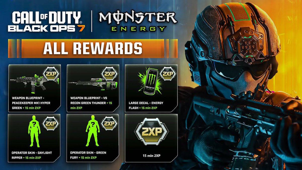 The EXCLUSIVE Monster Energy Rewards for Black Ops 7 are available NOW! 

Secure the full set of 5 rewards (2 skins!) to use on DAY ONE of launch.

Get them now: codrewards.store/products/black…