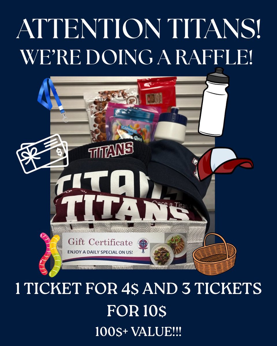 stcssSC's tweet image. Hey Titans! 
We’re doing a raffle! 
Want this gift basket full of swag? 
Come by the Titan store any day this week to purchase your raffle tickets! 
Tickets a 1 for 4$ and 3 for 10$ 
100$+ Value