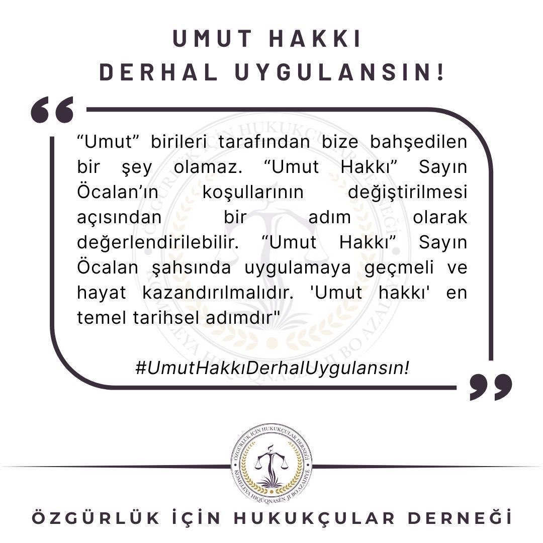 Barış için kardeşlik için özür bir yaşam için sayın Öcalanın serbest kalması şart 

 #UmutHakkıDerhalUygulansın