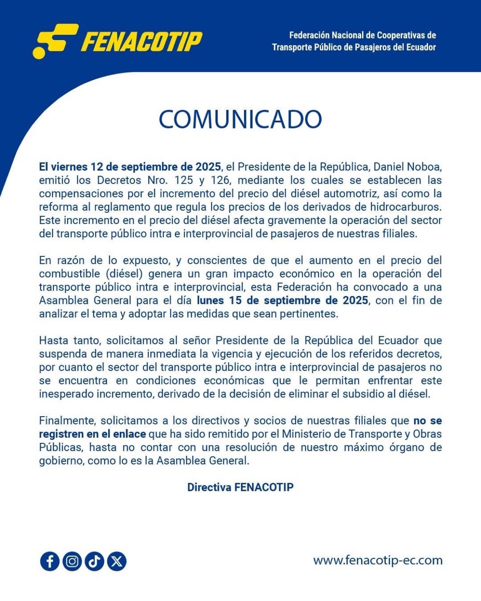 La FENACOTIP solicita la suspensión del incremento del diésel y convoca este lunes a una Asamblea General para decidir una eventual paralización