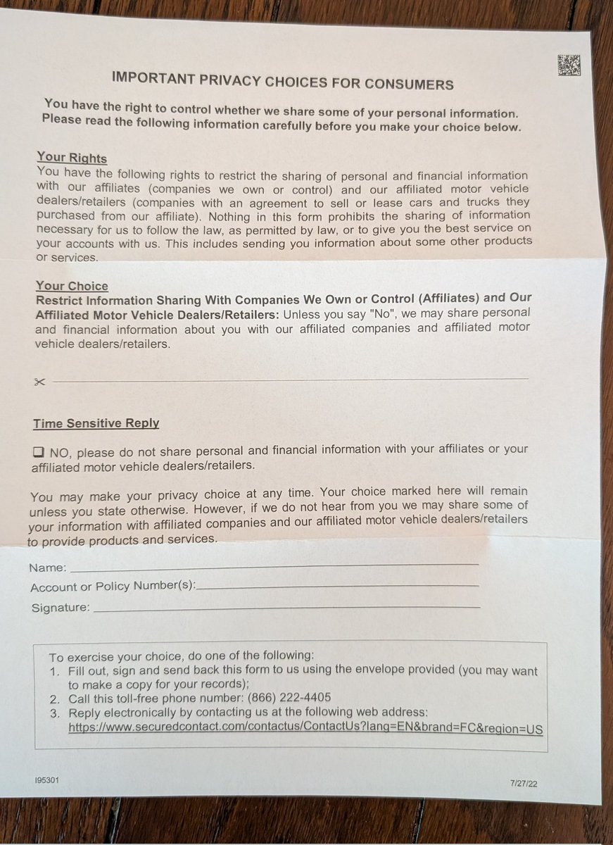 Oh credit companies - once I've given you instructions to prevent sharing my info (my right in California), why do you think it's worth it for me to give you updated guidance every year? And who gives long a$$ urls in a surface mail -you sure want to make it super hard to opt out
