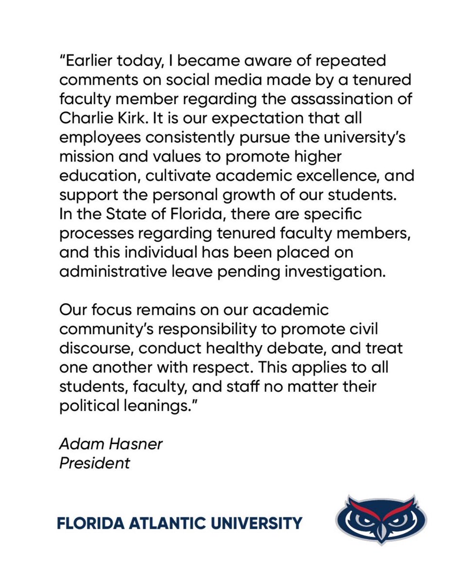 nicksortor's tweet photo. 🚨 BREAKING: “Dr.” Karen Leader, a professor at Florida Atlantic University, has been placed on LEAVE and is facing termination for celebrating the kiIIing of Charlie Kirk

Woke professors are taking THEMSELVES out

Keep it up, idiots! https://t.co/FvOIPOHcwU