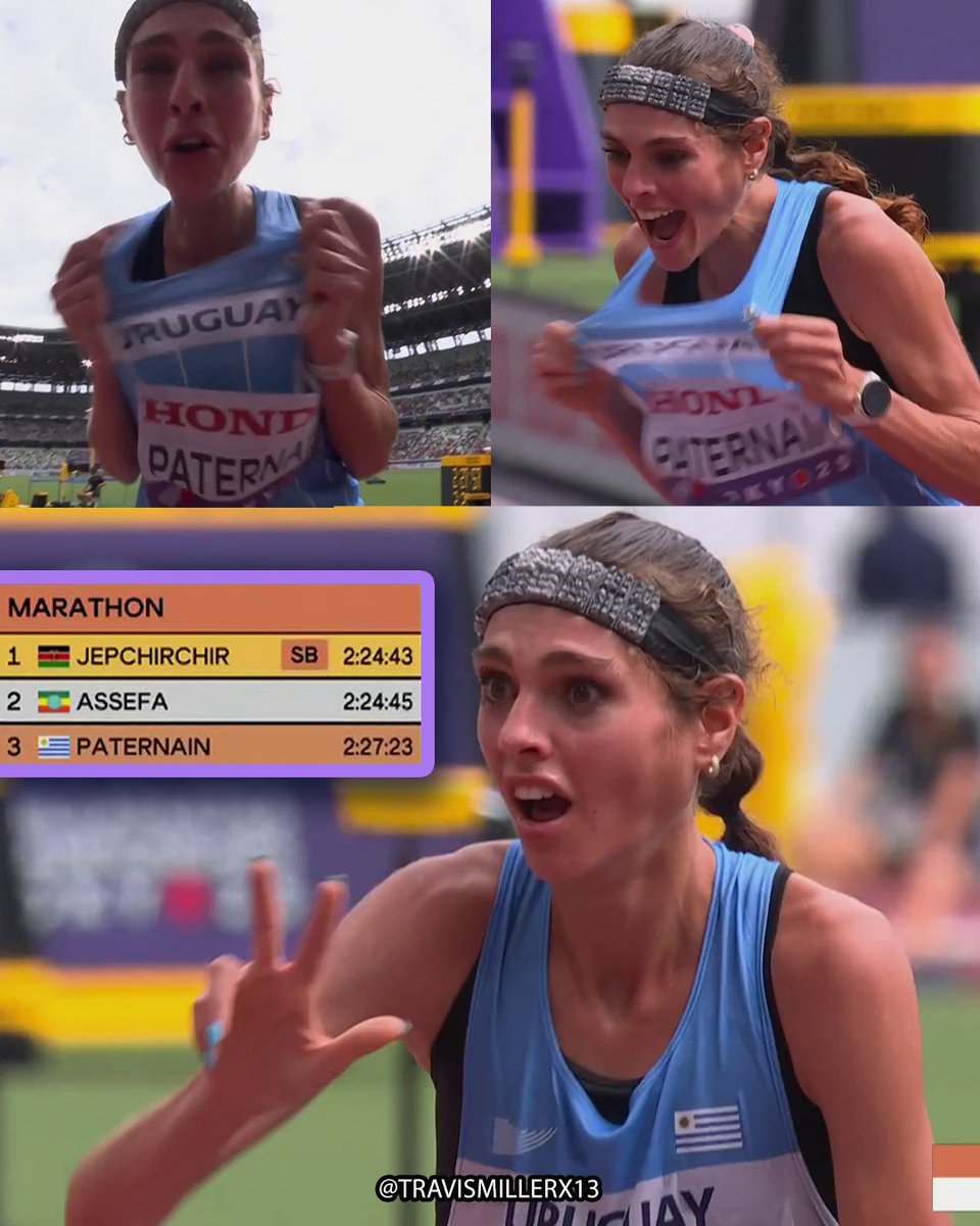 🇺🇾Julia Paternain in SHOCK when she realizes she finished third in the marathon and won Uruguay's first EVER World Athletics Championships medal! ❤️👏 #WorldAthleticsChamps