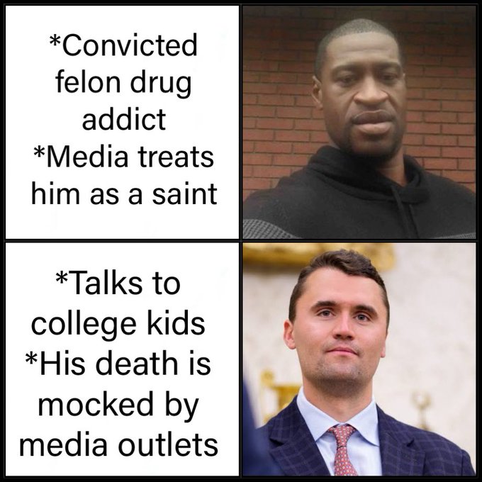 George Floyd wearing a dark hoodie against a brick background. Kyle Rittenhouse in a suit and tie standing in front of a golden backdrop with ornate decorations. Text overlays on both images: top left reads "*Convicted felon drug addict *Media treats him as a saint," bottom left reads "*Talks to college kids his death is mocked by media outlets."