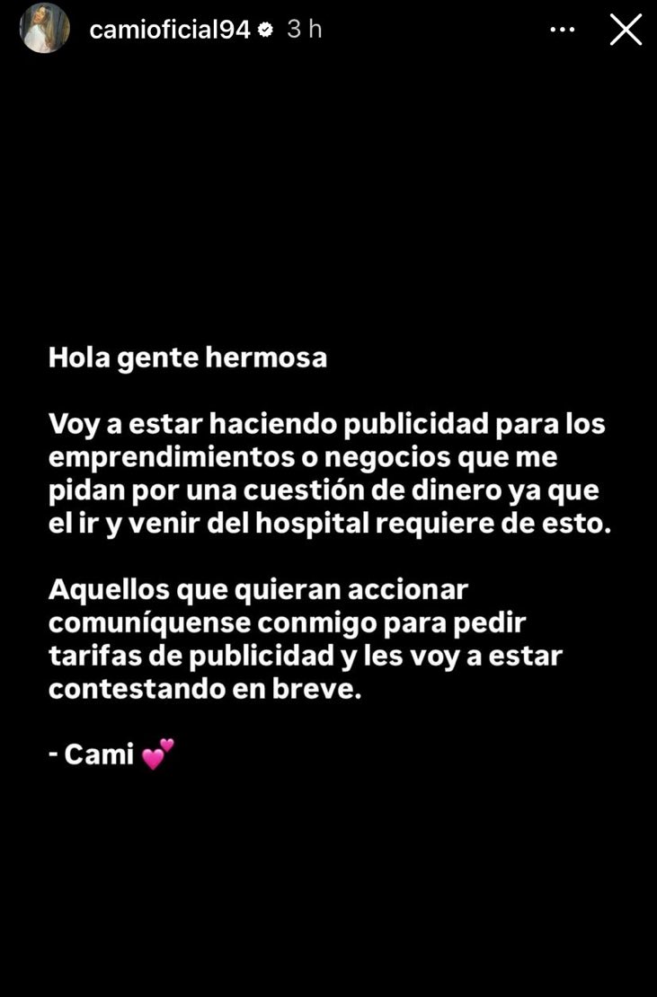 camilota subió una historia a instagram ofreciendo publicidad a emprendimientos por los costos que conlleva ir y volver del hospital