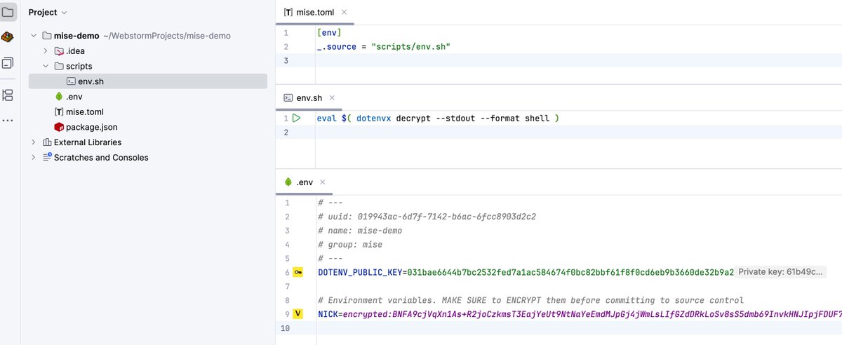 linux_china's tweet image. Use dotenvx to manage encrypted environment variables in mise.