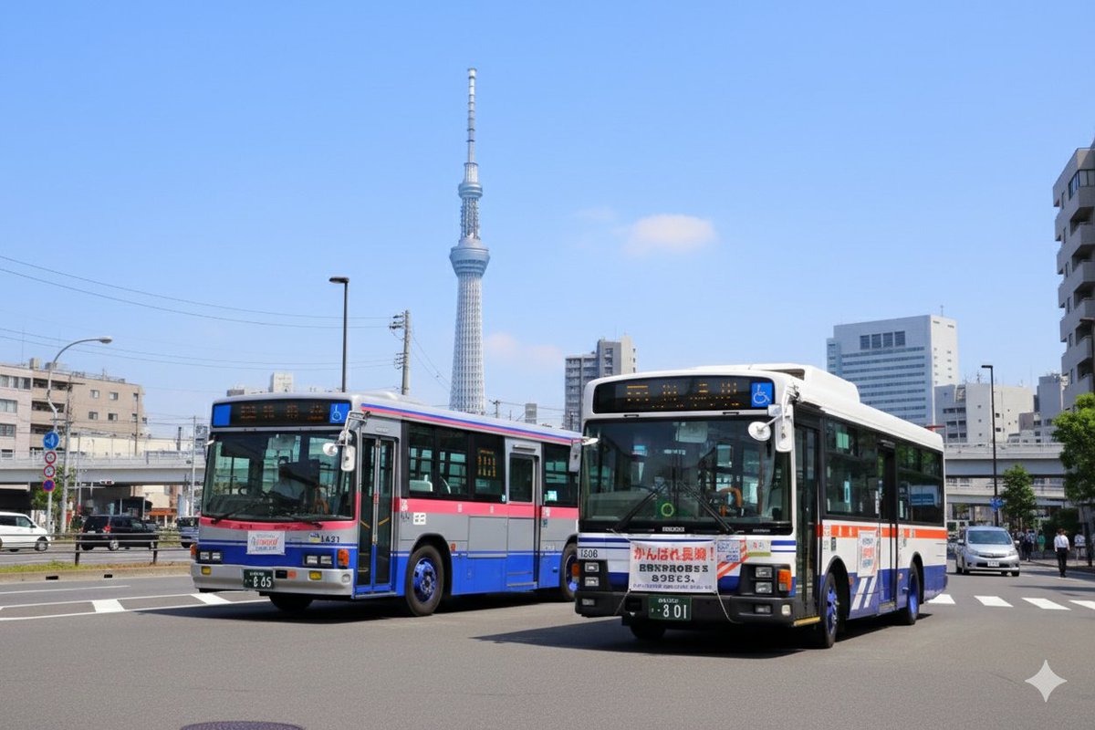【AI貸切会】
東京スカイツリーが見える場所で記念撮影。東武顔キュービックとエルガミオ。
#長崎バス