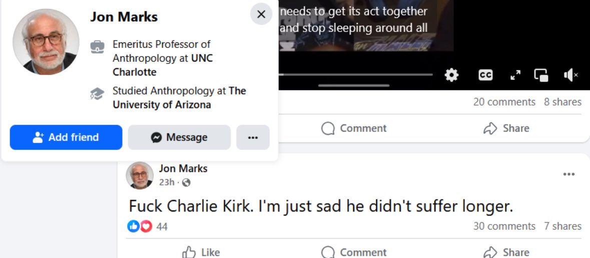 Sólionath (@anarseldain) on Twitter photo Meet Jon Marks. This one is horrific. He’s a professor at <a href="/unccharlotte/">UNC Charlotte</a>, and he’s advocating for violent murder. He’s sad that Charlie Kirk wasn’t tortured before dying. Call and email UNC Charlotte immediately to report him, and if you’re a student, tell them you feel unsafe. Meet Jon Marks. This one is horrific. He’s a professor at <a href="/unccharlotte/">UNC Charlotte</a>, and he’s advocating for violent murder. He’s sad that Charlie Kirk wasn’t tortured before dying. Call and email UNC Charlotte immediately to report him, and if you’re a student, tell them you feel unsafe.