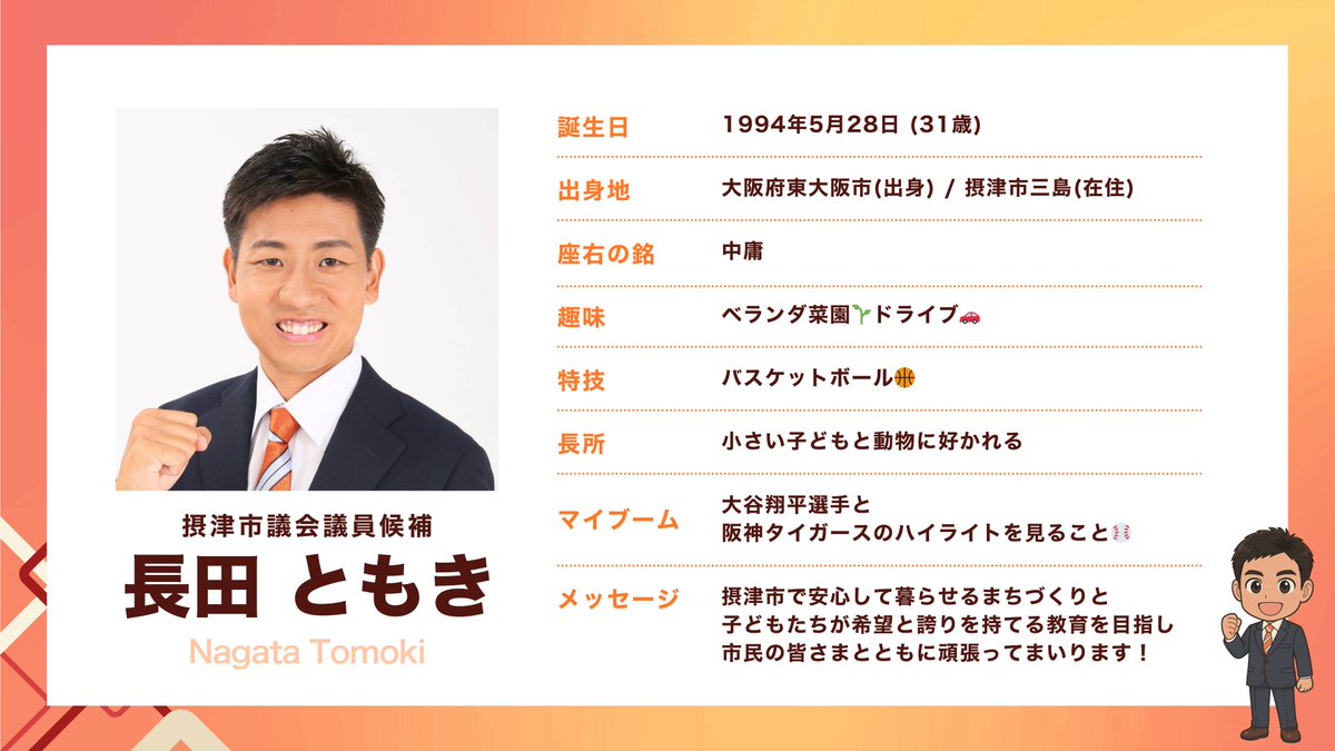 本日より兄の選挙がスタート🌸
より多くの方に伝わるよう、
紹介カードを制作いたしました🍊

大阪府 #摂津市議会議員選挙
長田ともき（新人） 

一生懸命に頑張りますので
よろしくお願いいたします🔥

#日本人ファースト参政党 🇯🇵
#摂津とともに長田ともき 🍊