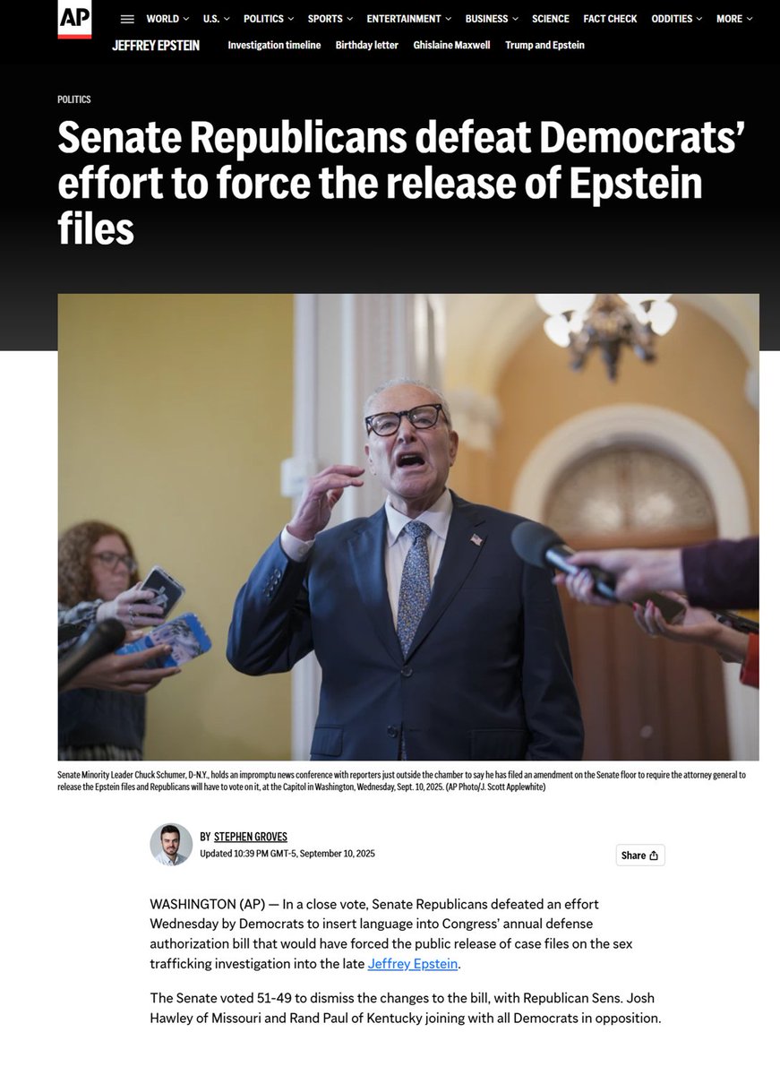 It just so happens that on the very day when we were all focused on Charlie Kirk's assassination, Senate Republicans voted down a bill that would have forced the DOJ to release all the files related to Jeffrey Epstein.

Funny how that works.