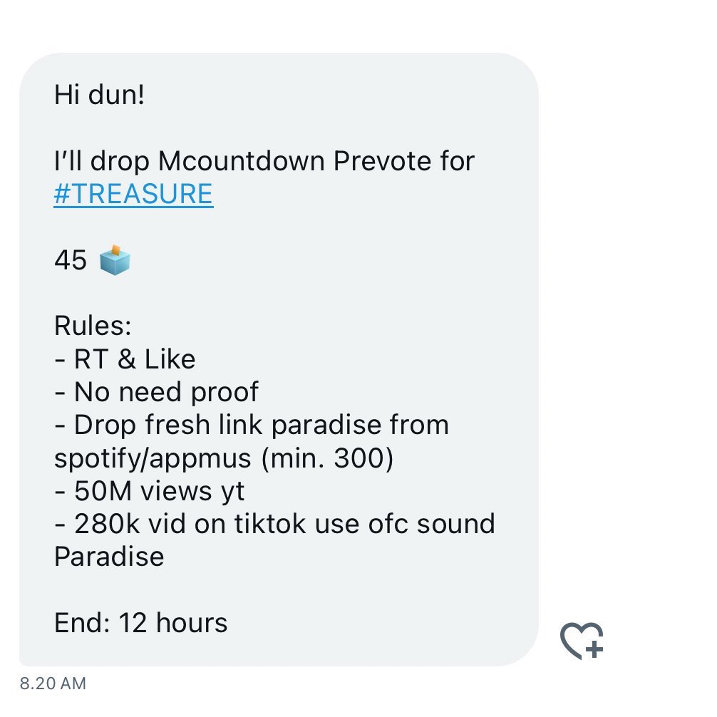 — PREVOTE DEALS Paradise week 2 Mcountdown‼️

<a href="/ashiraau_/">rest.</a> will drop Pre-vote Mnet+ for #TREASURE

45🗳️

Rules:
- RT &amp; Like
- No need proof 
- Drop fresh link paradise from spotify/appmus (min. 300)
- ⁠50M views yt
- ⁠280k vid on tiktok use ofc sound Paradise

End: 12 hours