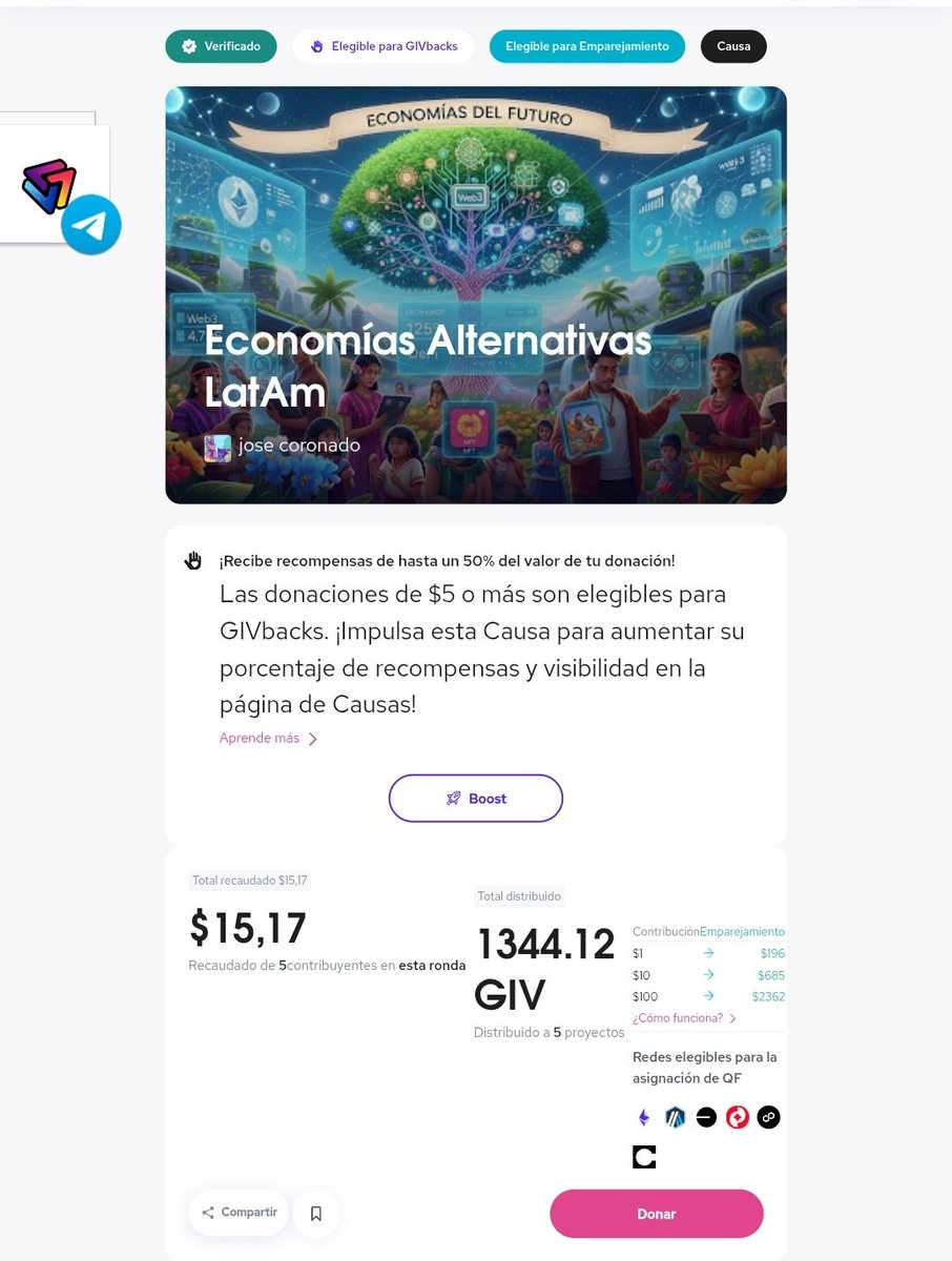 Así se ve nuestra #cause en la actual ronda QF de <a href="/Giveth/">Giveth</a> 
Primeros días recibiendo donaciones de la comunidad. 
Pronto nueva actualización y la incorporación de nuevos proyectos alineados.
🇨🇴🤝🇻🇪