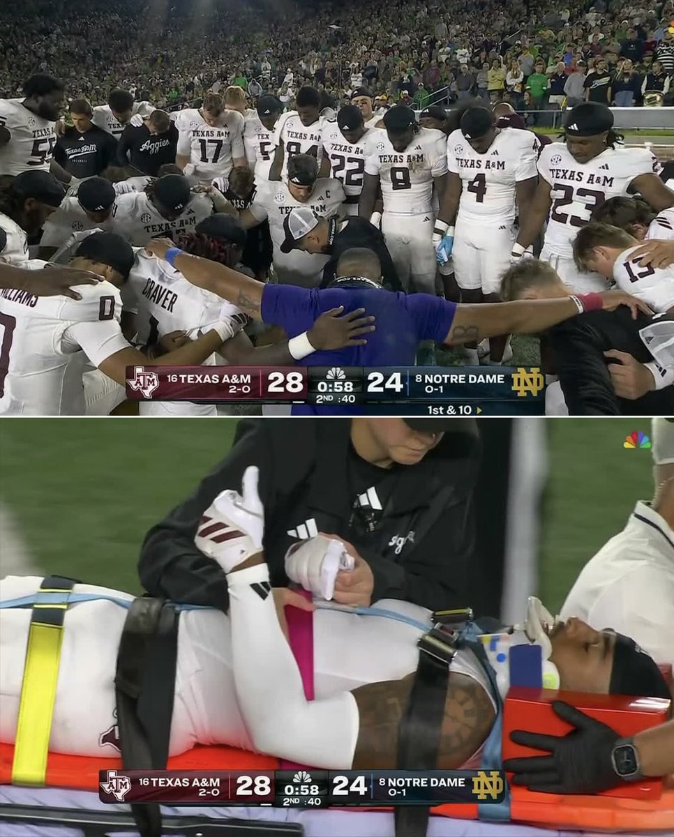 Bryce Anderson has been carted off the field in the 2nd quarter of the Texas A&amp;M-Notre Dame game. He gave the crowd a thumbs up before heading into the tunnel 🙏 (via <a href="/espn/">ESPN</a>)
