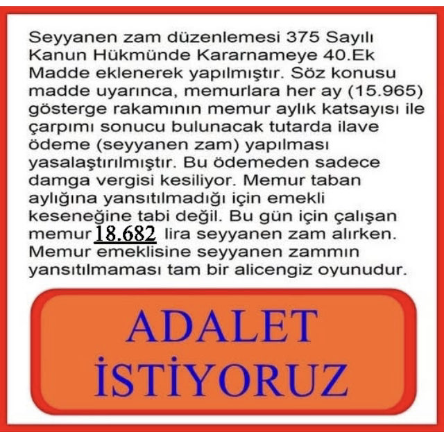 Ey yetkililer memura verip de emekli memura söz verdiğiniz halde vermediğiniz seyyanen artışı ne zaman vereceksiniz?

#MemurEmeklisineAdalet 
<a href="/Akparti/">AK Parti</a> <a href="/csgbakanligi/">T.C. Çalışma ve Sosyal Güvenlik Bakanlığı</a> <a href="/memetsimsek/">Mehmet Simsek</a> <a href="/isikhanvedat/">Prof. Dr. Vedat Işıkhan</a> <a href="/TBMMGenelKurulu/">TBMM Genel Kurulu</a>