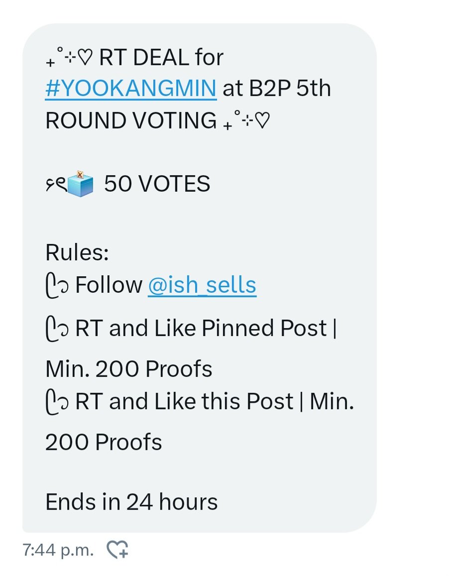 kangminniep01's tweet photo. ₊˚⊹♡ RT DEAL for #YOOKANGMIN at B2P 5th ROUND VOTING ₊˚⊹♡

۶ৎ🗳  50 VOTES

Rules:
ᥫ᭡ Follow @ish_sells  
ᥫ᭡ RT and Like Pinned Post | Min. 200 Proofs
ᥫ᭡ RT and Like this Post | Min. 200 Proofs

Ends in 24 hours https://t.co/qQmU2kzs3w