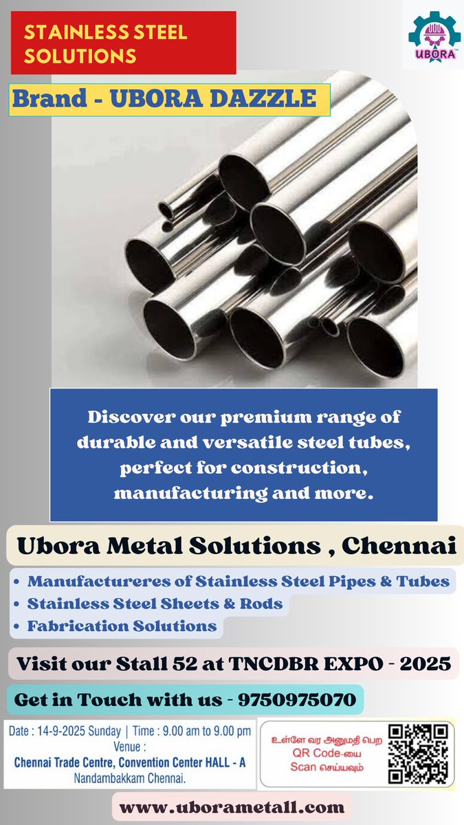 Ubora_Metall's tweet photo. Visit our Stall #52 at the Civil Engineers Expo on the 14th Sep 2025
@ Chennai Trade Centre 
Nandambakkam 
#EXPO2025 
#ChennaiTradeCentre
#TNCDBR https://t.co/AD9MV4yFB5