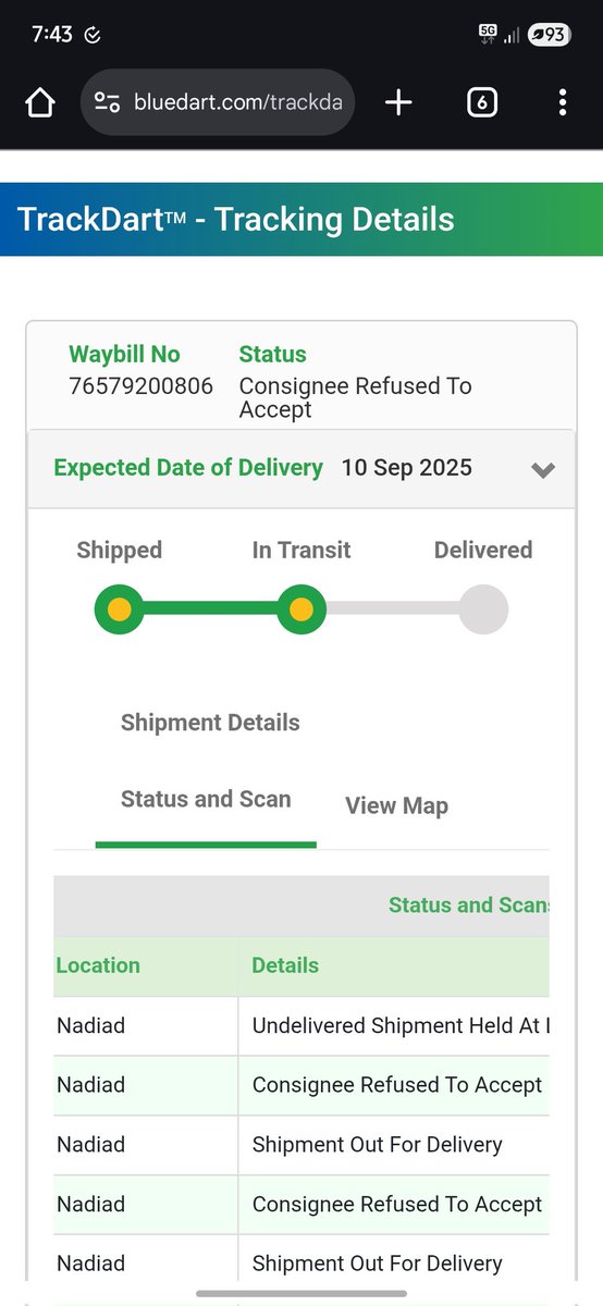 manish33105's tweet photo. @BlueDart_ @BlueDartCares 
Shipping LR no. 76579200806,  7 sep 2025
I received OTP then I received 2 missed call from blue dart (ring duration only 0.5 sec)
I tried to call back bluedart and co'nt receive my call. In the status show "consumer refuse to accept" very disappointed. https://t.co/7TLWJ1Yo3q