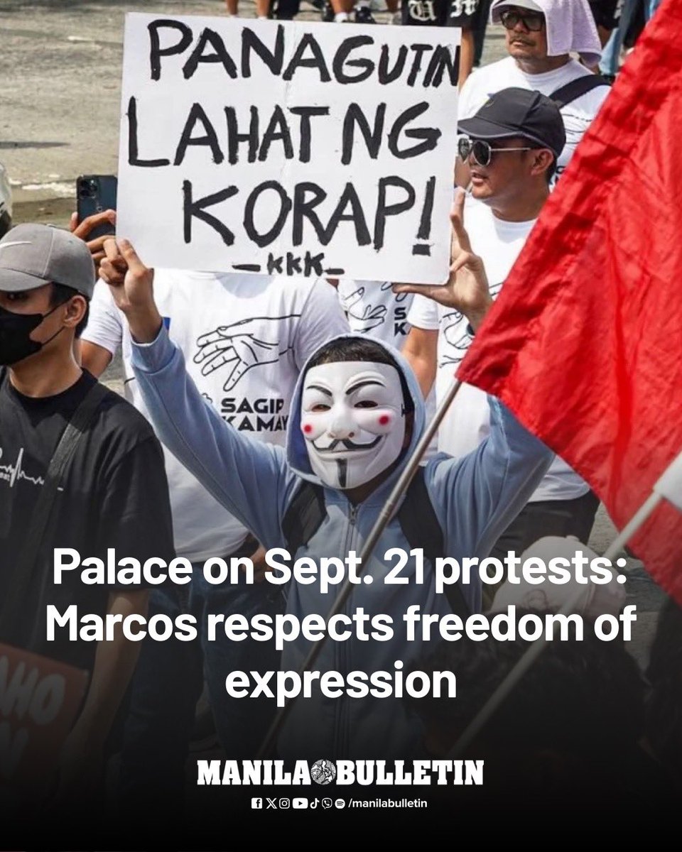 Malacañang said President Marcos recognizes the public’s right to express dissent as protests against corruption in government are set to take place on Sept. 21, the anniversary of the declaration of martial law.

READ: mb.com.ph/2025/09/14/pal…