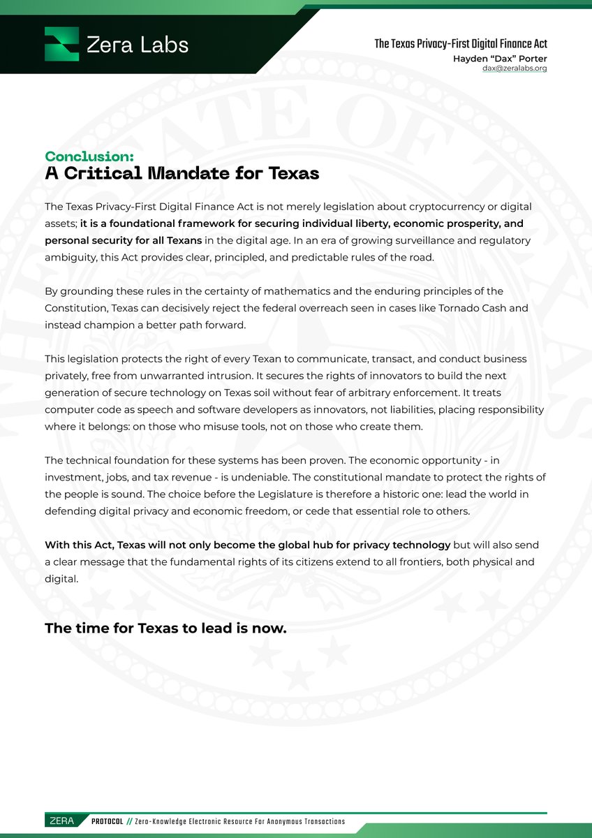 This Act fuses math + Constitution:

Protect private speech and payments, treat code as speech, shield builders, and place liability on misuse - not invention.

Next week <a href="/dev_skill_issue/">Dax</a> is taking this fight to Capitol Hill!

#M0N3Y soon-to-be <a href="/ZeraLabs/">ZERA</a> and the ZERA Protocol is