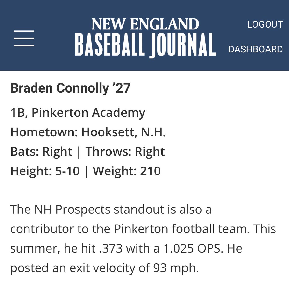 Thank you <a href="/NE_Baseball/">NE Baseball Journal</a> for recognizing my contributions to <a href="/NHProspectsBC/">NH Prospects Baseball Club</a> this summer.
