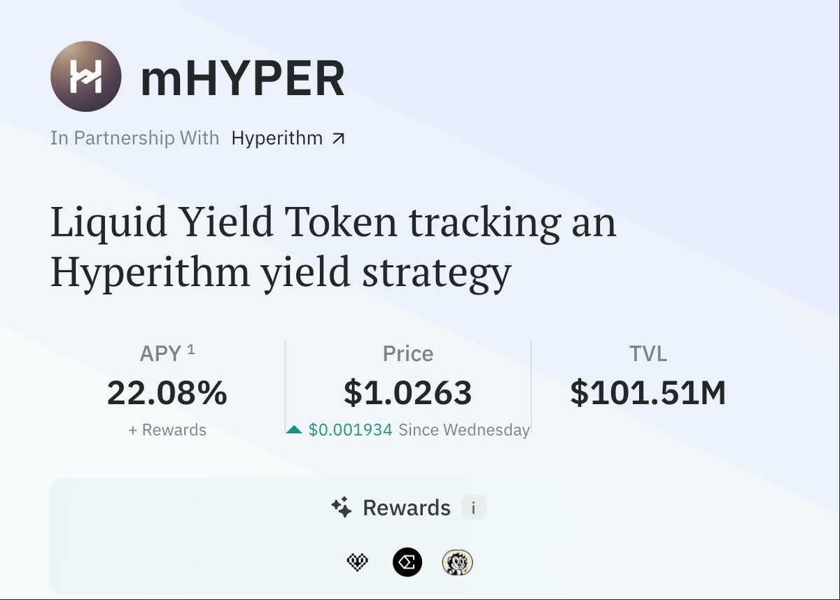 gmHYPER

$mHYPER on <a href="/MidasRWA/">Midas</a> just hit $100M AUM! Big shoutout to our operators and the Midas team for world-class execution.

Beyond minting and holding $mHYPER, you can borrow USDC against it on <a href="/MorphoLabs/">Morpho 🦋</a>, or mint PT/YT on <a href="/pendle_fi/">Pendle</a>. More DeFi lego integrations are on the