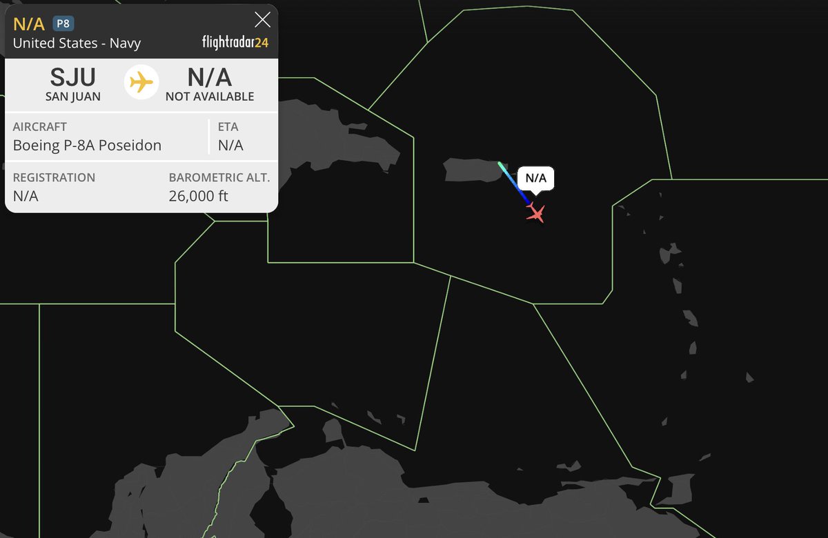 LatAmMilMVMTs's tweet photo. P-8A using tactical hex #AE683A as PS131 departed San Juan (SJU/TJSJ) 🇵🇷 at ~0030z on a Caribbean mission. https://t.co/AsypzQ8mZa