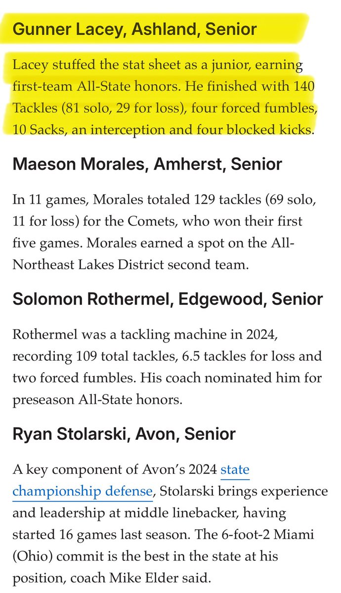 Big Time Recognition for one of our Arrow Leaders!

Congratulations <a href="/GLacey34/">Gunner Lacey (2026 LB)</a> (c/o ‘26, 5’11” 210#, MLB/RB) on being named one of the Top Division 2 Linebackers in the state of Ohio by The Cleveland Plain Dealer (<a href="/PlainDealerNews/">ClevelandPlainDealer</a>). The 2024 season was nothing short of dominant