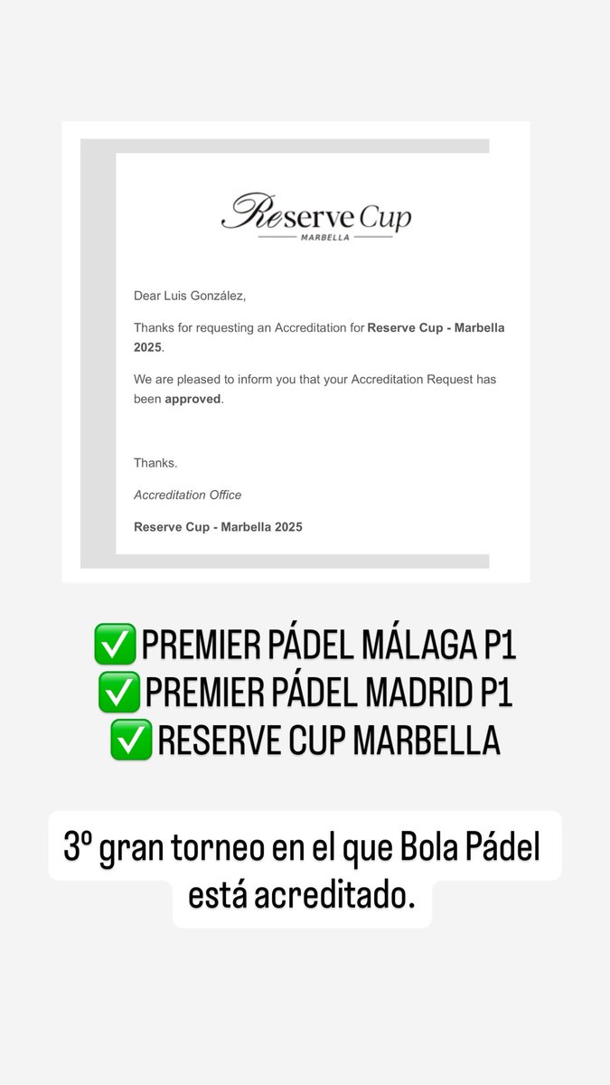 Se suma un nuevo torneo en el que Bola Pádel estará acreditado, Reserve Cup Marbella.

Muy contento por cómo se está desarrollando todo y siempre tratando de hacer las cosa bien y sumar.