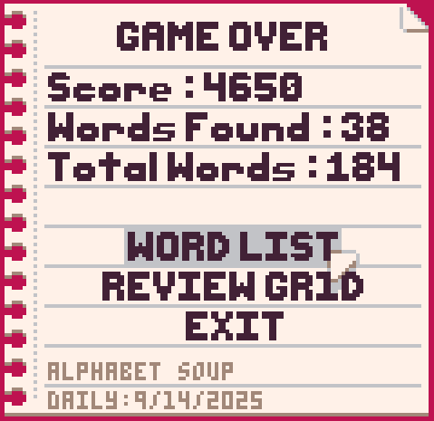 My score in the Can of Words daily. (September 14th)

werxzy.itch.io/can-of-words