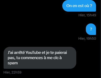 Splatch_graph's tweet image. SCAM PAR @stellyrvrai,
J'ai bossé pour lui pour 10 Miniatures
Puis il me dit qu'il à des problèmes d'argent et qu'il donnerait l'argent en début Septembre, je le relance donc à cette date, il me répond que ce seras le 11 Septembre, puis le 15 puis le 25 et hier et hier il me dit