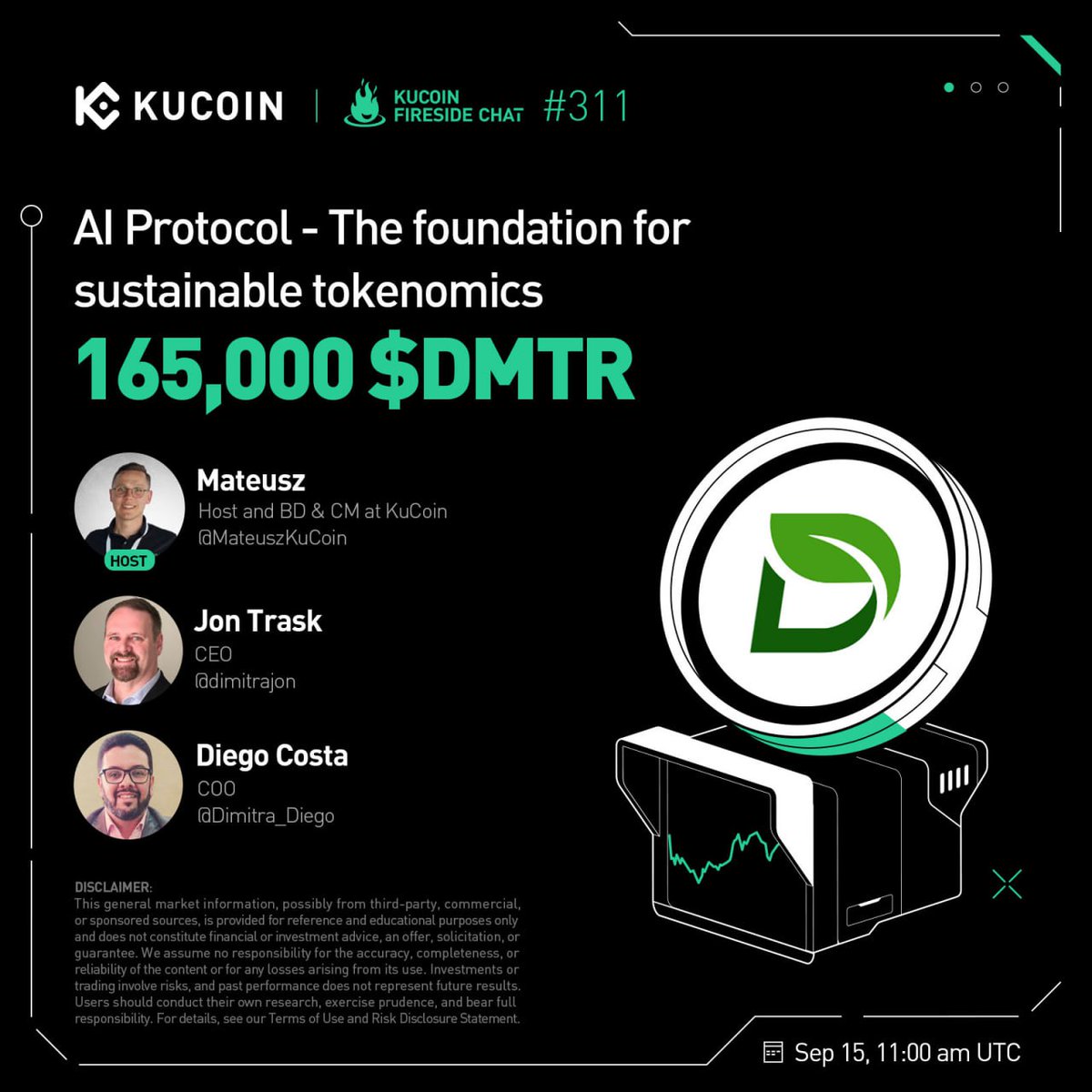 kucoincom's tweet image. 🚀Join the #KuCoinFireSideChat as DMTR unveils how the AI Protocol is laying the foundation for sustainable tokenomics and reshaping the economics of decentralized ecosystems.
🎁 165,000 $DMTR to win!
1. Follow @kucoincom, @BC_KuCoin & @dimitratech
2. Join the space:…