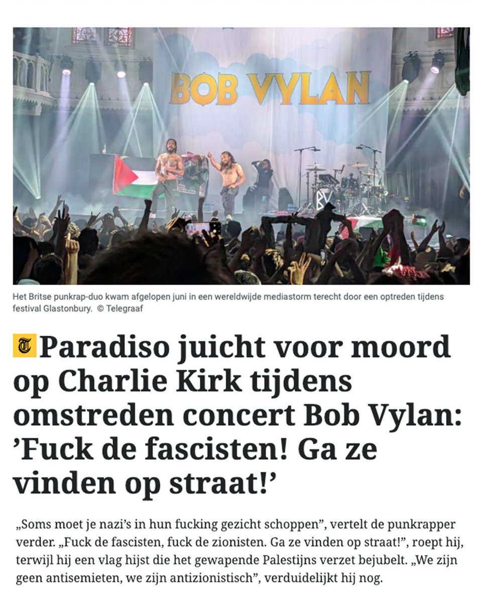 Forum voor Democratie (@fvdemocratie) on Twitter photo Gisteren in Paradiso: rapper Bob Vylan roept op om zgn 'fascisten' (mensen zoals Charlie Kirk) op te zoeken en te mishandelen.
Deze opruiende teksten horen hier niet en zijn levensgevaarlijk. Verklaar Vylan tot ongewenste vreemdeling en sodemieter hem het land uit! <a href="/MinisterAenM/">Ministers Asiel en Migratie</a> Gisteren in Paradiso: rapper Bob Vylan roept op om zgn 'fascisten' (mensen zoals Charlie Kirk) op te zoeken en te mishandelen.
Deze opruiende teksten horen hier niet en zijn levensgevaarlijk. Verklaar Vylan tot ongewenste vreemdeling en sodemieter hem het land uit! <a href="/MinisterAenM/">Ministers Asiel en Migratie</a>