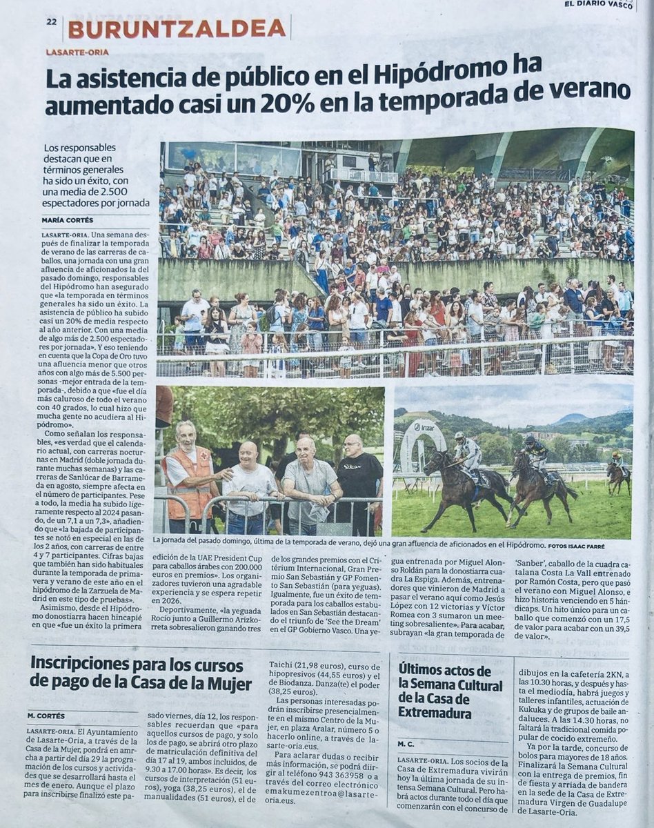 Mi trabajo 📸 hoy en <a href="/diariovasco/">El Diario Vasco</a> de la valoración positiva este año en el <a href="/HipodromoSnSn/">Hipódromo de San Sebastián - Donostiako Hipodromoa</a> 👇🏽👇🏽👇🏽
