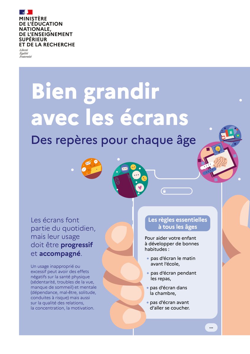 🧑‍💻 #ParentalitéNumérique | Tous niveaux

🔷 Destiné aux parents, le guide « Bien grandir avec les écrans : des repères pour chaque âge » <a href="/education_gouv/">Ministère Éducation nationale</a> pose des jalons clairs pour encadrer l’usage des écrans et guider chaque jeune vers l’autonomie

👉 education.gouv.fr/publication-du…