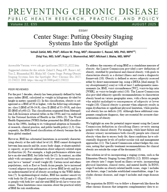 scottisaacsmd's tweet photo. CDC Center Stage: Obesity Staging Systems Move Into the Spotlight. Recent CDC commentary highlights the shift away from BMI-based definitions to advanced staging frameworks, such as the Edmonton Obesity Staging System #EOSS and the #LancetCommission definition. These staging approaches incorporate organ dysfunction, physical limitation, and comorbid disease, aiming to improve risk stratification, guide diagnosis, and personalize management of obesity.
https://t.co/Js8CzPB4dL