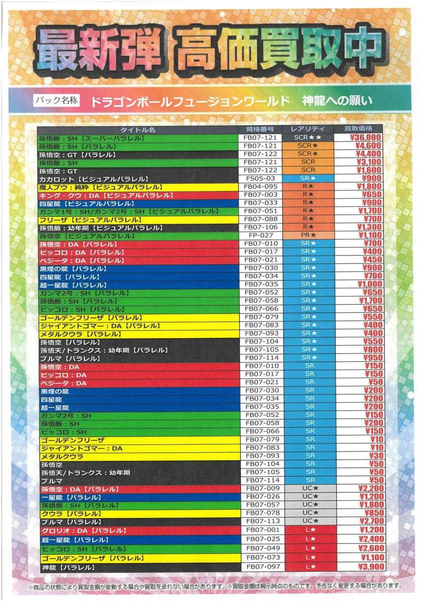 【買取情報】

最新弾

･遊戯王OCG LIMITED PACK GX-オシリスレッド-
･ドラゴンボールFW 神龍への願い

現在の買取価格になります。商品状態や在庫状況によって価格が変動する場合がございます。
お持ち込みお待ちしております。