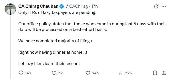 iamPattnaik's tweet photo. @CAChirag @IncomeTaxIndia @nsitharaman You tweeted to penalize lazy taxpayers. Why this sudden change of heart? However, I must thank you for requesting FM @nsitharaman to extend the due date.
#ExtendDueDatesImmediately #ITRDueDateExtension https://t.co/VweXU5Db2E