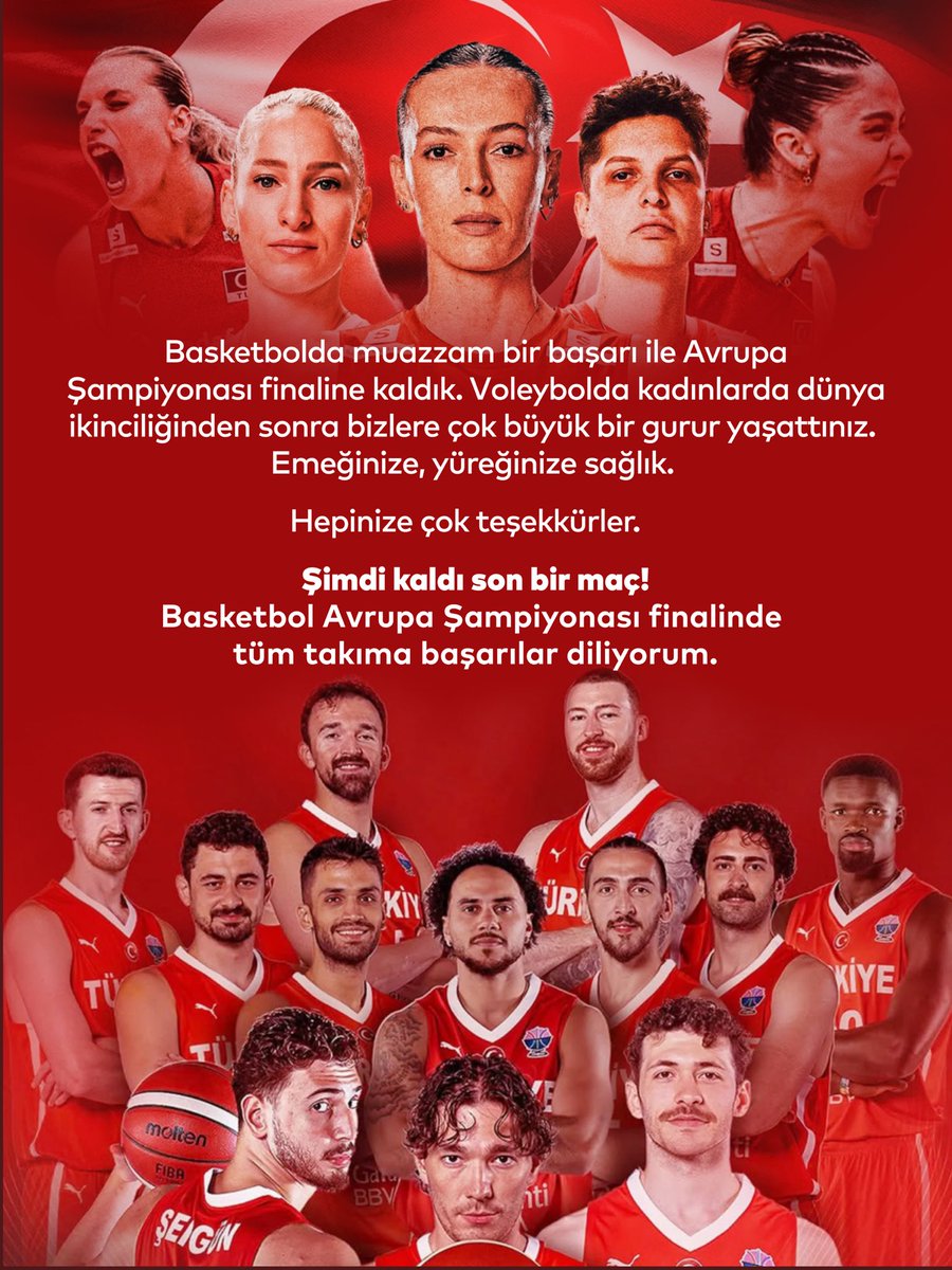 Basketbol Avrupa Şampiyonası finalinde tüm takıma başarılar diliyorum. Yüreğimiz sizinle!

#EuroBasket2025