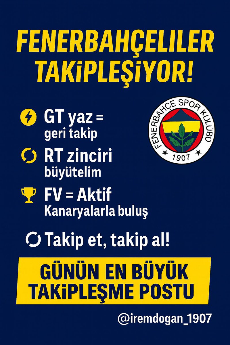 🍳Hamsi yeme günündeyiz. Maç saatine kadar. Hesaplarımızı büyütüyoruz… 😍

🎯 PAZAR GÜNÜNÜN EN BÜYÜK TAKİPLEŞME POSTU!

🔥 FENERBAHÇELİLER BURADA BULUŞUYOR!

⚡ GT = Geri Takip
🔁 RT = Zinciri Büyüt
🏆 FV = Aktif Renktaş ile  Buluş
✅ Takip edene anında dönüş!