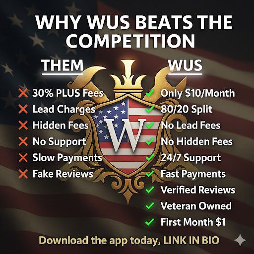 Are you ready to stop losing and start winning?
WUS Provider App (Google Play): play.google.com/store/apps/det…...
WUS Provider App (Apple): Coming Soon! #VeteranOwned #HomeServices #MilitaryPrecision #TrustedContractors #HomeRepairs #VeteranBusiness #ServiceWithHonor #HomeImprovement